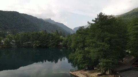 Editorial aerial drone ascent over mountain lake Stock Footage 337470299