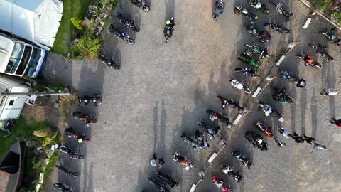Editorial: Aerials biker meet at the Silver Fox Cafe, A48, Gloucestershire UK Stock Footage 326427014