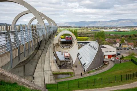 EDITORIAL: A boat being lowered down in Falkirk Wheel Stock Photos