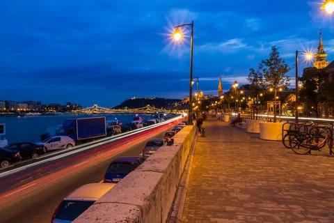 Editorial, Budapest, Evening view of River Danube at Budapest, Hungary, Chain Stock Photos