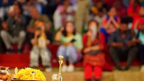 Editorial Crowd Of Pilgrims Watching Ganga Aarti Ritual Varanasi Stock Footage 346013768