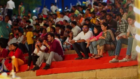 Editorial Crowd Of Pilgrims Watching Ganga Aarti Ritual Varanasi Stock Footage 346013779