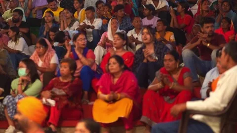 Editorial Crowd Of Pilgrims Watching Ganga Aarti Ritual Varanasi Stock Footage 346013792
