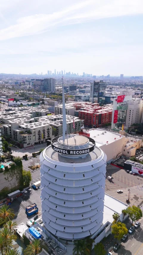 Editorial Drone Orbit of Capitol Records Tower in Hollywood, Los Angeles on Stock Footage 304729173