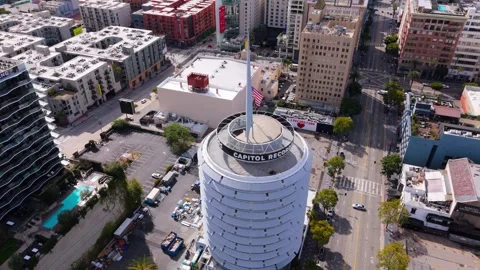 Editorial Drone Orbit of Capitol Records Tower in Hollywood, Los Angeles on Stock Footage 304729194