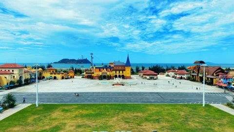 Editorial drone tracking flight over VinWonders park to cable car line 4K Stock Footage 340305743
