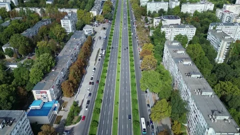 Editorial drone view of Bucharest boulevard with cars and autumn colors Stock Footage 320370942
