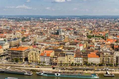 Editorial, Elevated view of rooftops and River Danube with boats Stock Photos