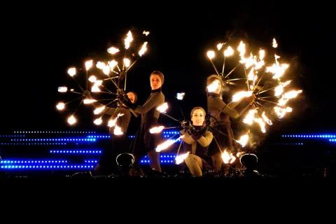 EDITORIAL: Fire Circus Walkea performing at the Lux Helsinki light arts festival Stock Photos