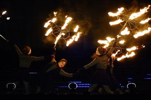 EDITORIAL: Fire Circus Walkea performing at the Lux Helsinki light arts festival Stock Photos