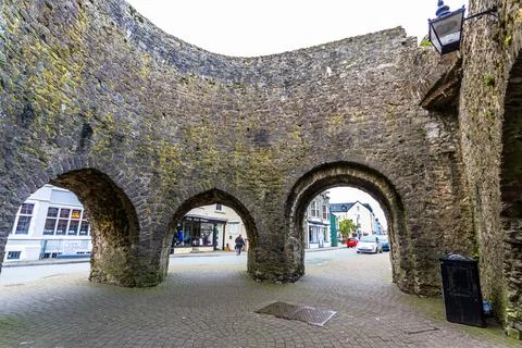 Editorial, Five Arches Gate, sixteenth century tower in Tenby, Wales, wide an Stock Photos
