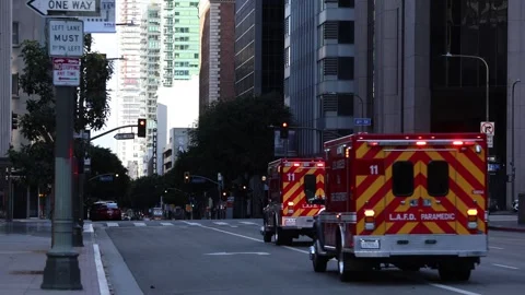 Editorial Footage - Double Ambulance Pass Downtown LA: Apr 26, 2026 Stock Footage 334685229