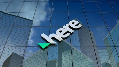 Editorial, HERE International B.V. logo on glass building.	 Stock Footage 86496355