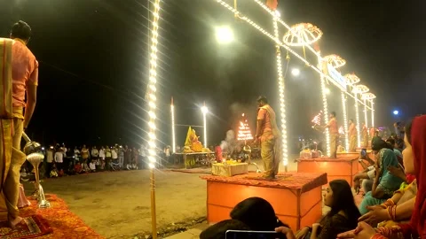 Editorial Hindu Priests Performing Ganga Aarti Fire Ritual Varanasi Stock Footage 346458151
