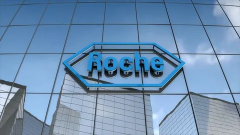 Editorial Hoffmann-La Roche logo on glass building.	 Video stock 77431409