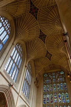 Editorial, Interior of Bath Abbey, looking at vaulted ceiling, portrait. Stock Photos
