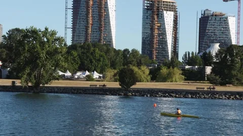 EDITORIAL. Kayaker paddles down False Creek Vancouver. Stock Footage 314028223