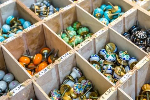 EDITORIAL KNOBS IN ANTIQUES FAIR Stock Photos