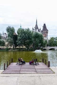 Editorial, Lake tourists enjoying view of Vajdahunyad Castle, City Park, Buda Stock Photos