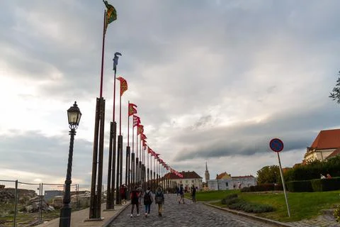 Editorial, line of flags at Buda castle, Budapest. Stock Photos