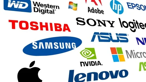 Editorial: major computer companies in 2017. Bottom to top inclined 스톡 동영상 75010573