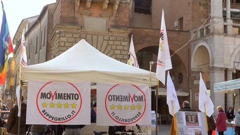 EDITORIAL, Movimento 5 Stelle flags Stock Footage 87747489