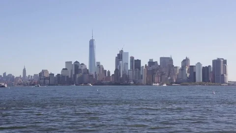 EDITORIAL - New York city skyline and Hudson river with clear blue sky Stock Footage