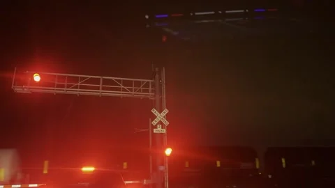 Editorial Night View of Procor Industrial Train Passing Railway Crossing Stock Footage 340562752