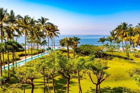 Editorial: Panoramic aerial view of interior garden of beachfront resort Stock Photos