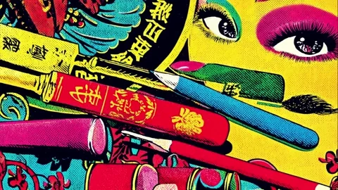 Editorial pattern with powder kits, foundation bottles, and beauty products Stock Footage 308055440