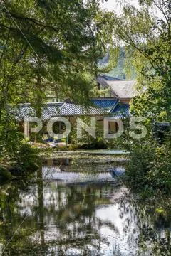 Editorial, Pond in foreground at the Centre For Alternative, Technology Stock Photos