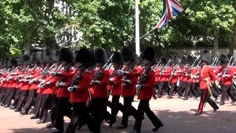EDITORIAL: Queens Guards marching at the Trooping of the Colour Parade Video stock 102379385