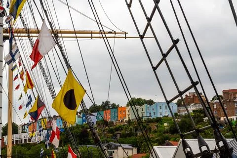 Editorial, rigging and flags of the SS Great Britain, Ship designed by Isam.. Stock Photos