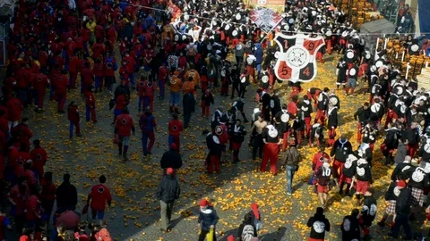 Editorial: Sequence from the the Battle of the Oranges. Stock Footage 74404818