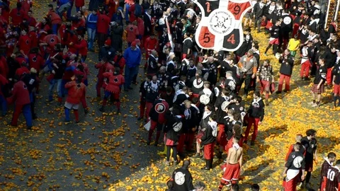 Editorial: Sequence from the the Battle of the Oranges. Stock Footage 74406272