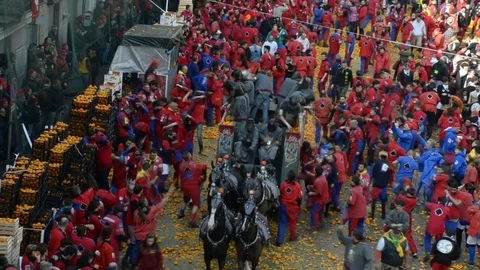 Editorial: Sequence from the the Battle of the Oranges. Stock Footage 74417059