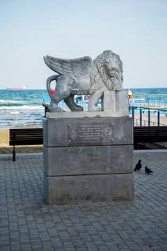 EDITORIAL: Statue of winged lion at Larnaca beach esplanade, Cyprus Stock Photos