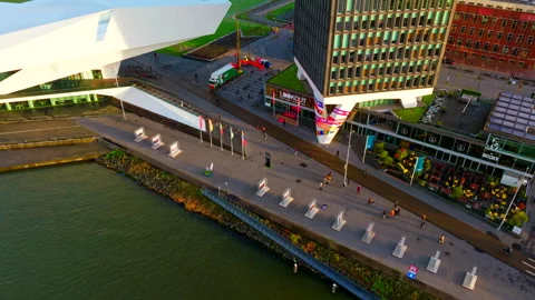 Editorial Top Down Drone View of Cyclist in Amsterdam North 4K Video stock 334768934