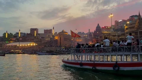 Editorial Varanasi Boat Ride On Ganges River At Beautiful Sunset Stock Footage 346458539