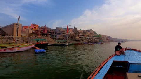 Editorial Varanasi Boat Ride On Ganges River At Beautiful Sunset Stock Footage 346458909