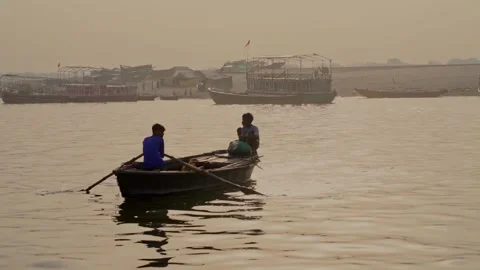 Editorial Varanasi Boat Ride On Ganges River At Beautiful Sunset Stock Footage 346459074