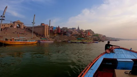 Editorial Varanasi Boat Ride On Ganges River At Beautiful Sunset Stock Footage 346459792