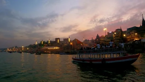 Editorial Varanasi Boat Ride On Ganges River At Beautiful Sunset Stock Footage 346459998