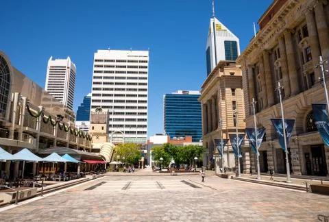 EDITORIAL: A view of Forrest Place Square and South32 tower in Perth City Stock Photos