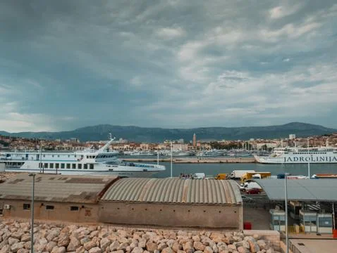 Editorial view of Split city harbor full of boats Stock Photos