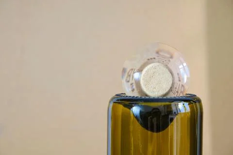 Editorial. Wine cork Shabo on an empty inverted bottle under an optical lens. Stock Photos