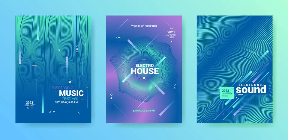 Edm Party Flyer Set. Techno Music Dance Cover. Electronic Sound Stock Illustration