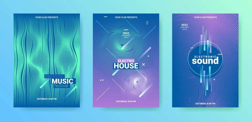 Edm Party Flyer Set. Techno Music Dance Cover. Electro Sound Banner. Stock Illustration