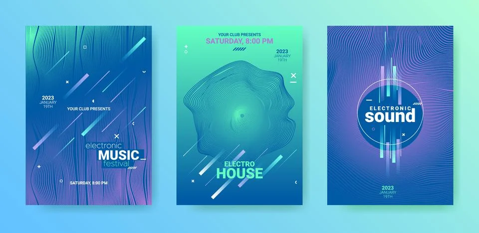 Edm Party Flyer Set. Techno Music Dance Cover. Electro Sound Banner. Stock Illustration