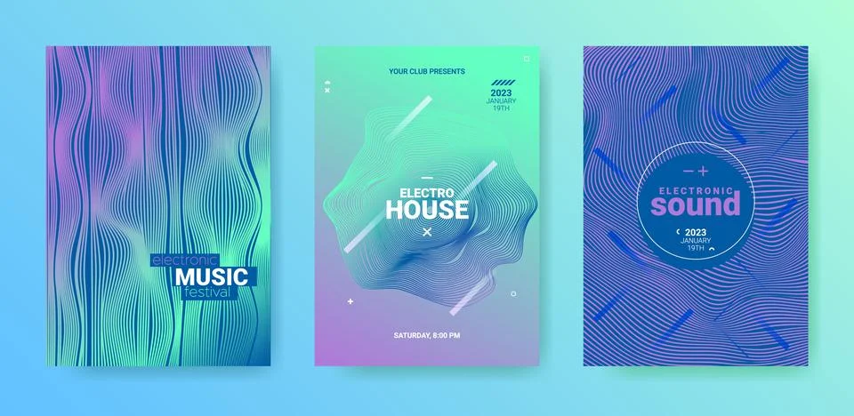 Edm Party Flyer Set. Techno Music Dance Cover. Electro Sound Banner. Stock Illustration
